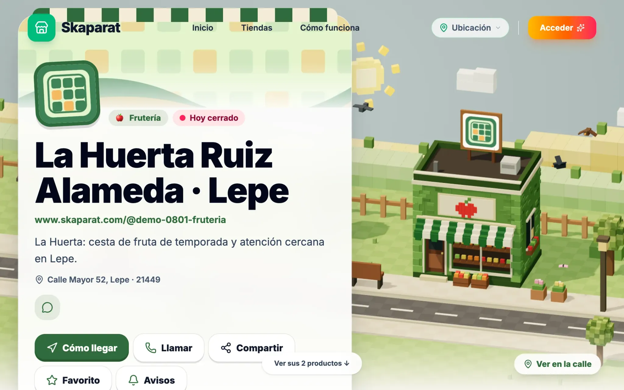 Shop page of La Huerta Ruiz, a greengrocer: opening status, address, directions and its voxel building