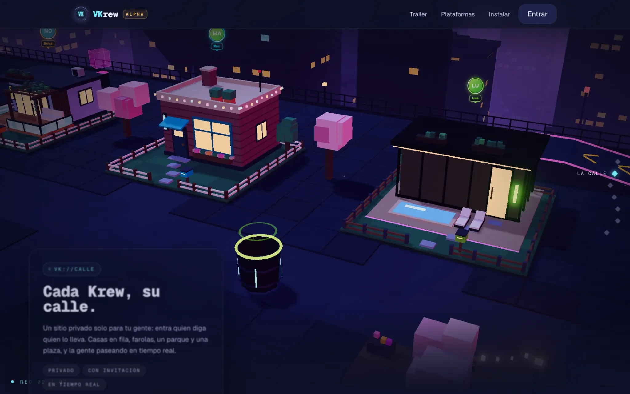 Voxel homes along a krew's private street at night